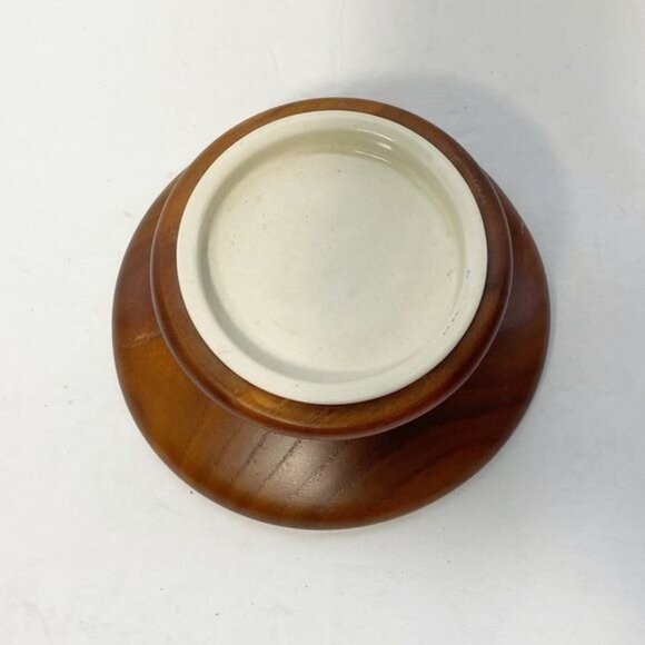 Vintage Teak Pillar Candle Holder White Ceramic Base Round Mid Century Modern - Picture 4 of 5